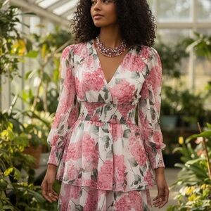 Floral Pink Smocked Waist Tiered Dress